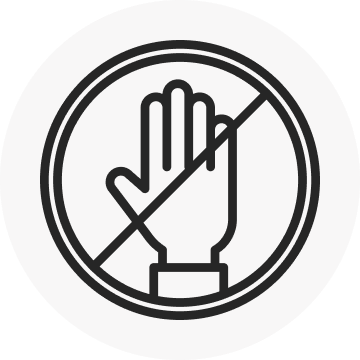 A black and white line art icon showing an open palm or hand inside a circular border with a diagonal line through it, signifying prohibition or stop.