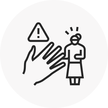 A line-art icon showing a large hand reaching toward a smaller figure of a person, with a triangular warning sign with an exclamation mark, symbolizing harassment, assault, or personal boundary violation.