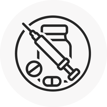 A black and white line art icon showing a syringe, a pill bottle, and two pills, symbolizing medicine, drug use, or pharmacy.