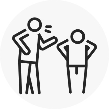 A black and white line art icon showing one stick figure yelling at another stick figure who stands with hands on hips, symbolizing verbal abuse or conflict.