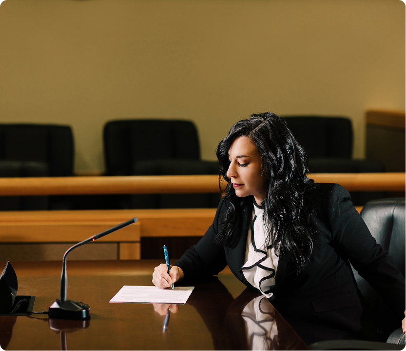 Estate Planning Attorney Preparing Legal Documents Professional female attorney in black blazer reviewing and signing estate planning documents at conference table
